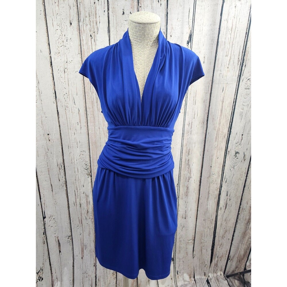 BOSTON PROPER Blue Ruched Tummy Slimming Gala Party Cocktail‎ Dress Women's M